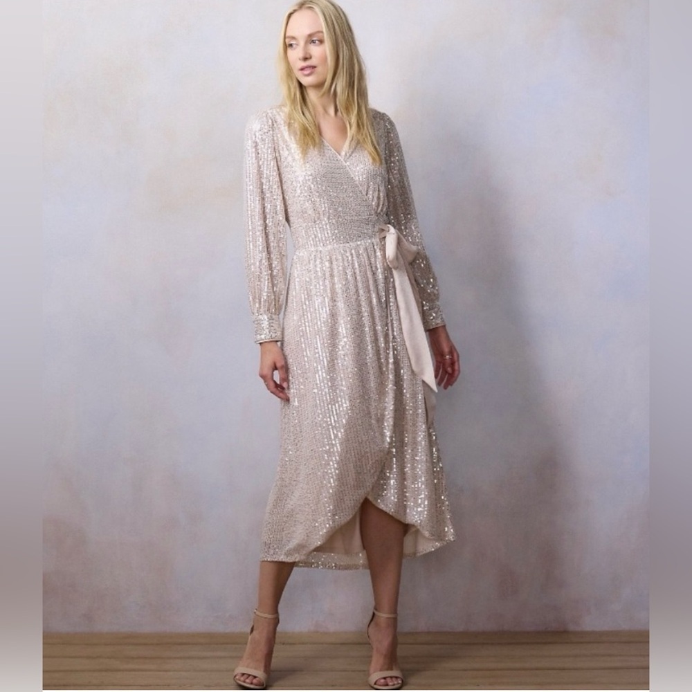 Lauren Conrad Ivory Tan Sequin Wrap Holiday Dress